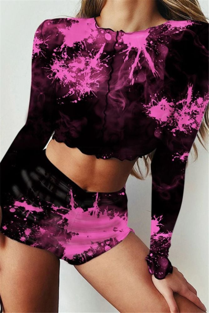 Tie-Dyed Stretch Long-Sleeve Drawstring Two-Piece Set Size: S