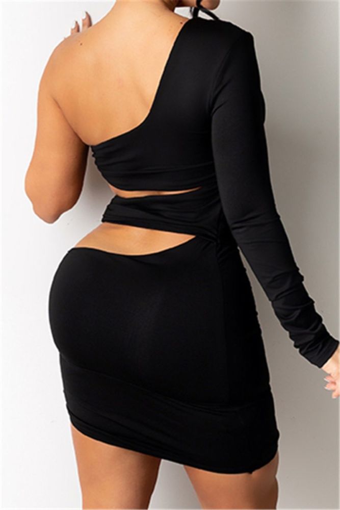 Black Long-Sleeve One Shoulder Sim Fit Dress Size: M