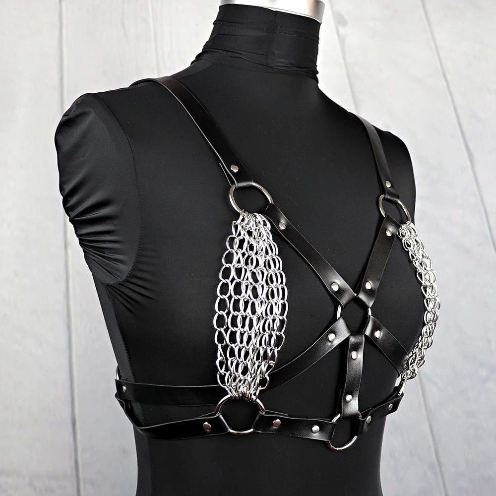 #006 Black  Bondage Cage Corset Bra Leather Harness Size: OS