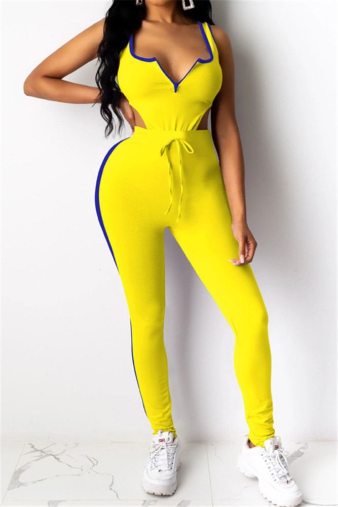 Yellow Stretch Low-Cut Bodysuit Lace-Up Two-Piece Set Size: SM