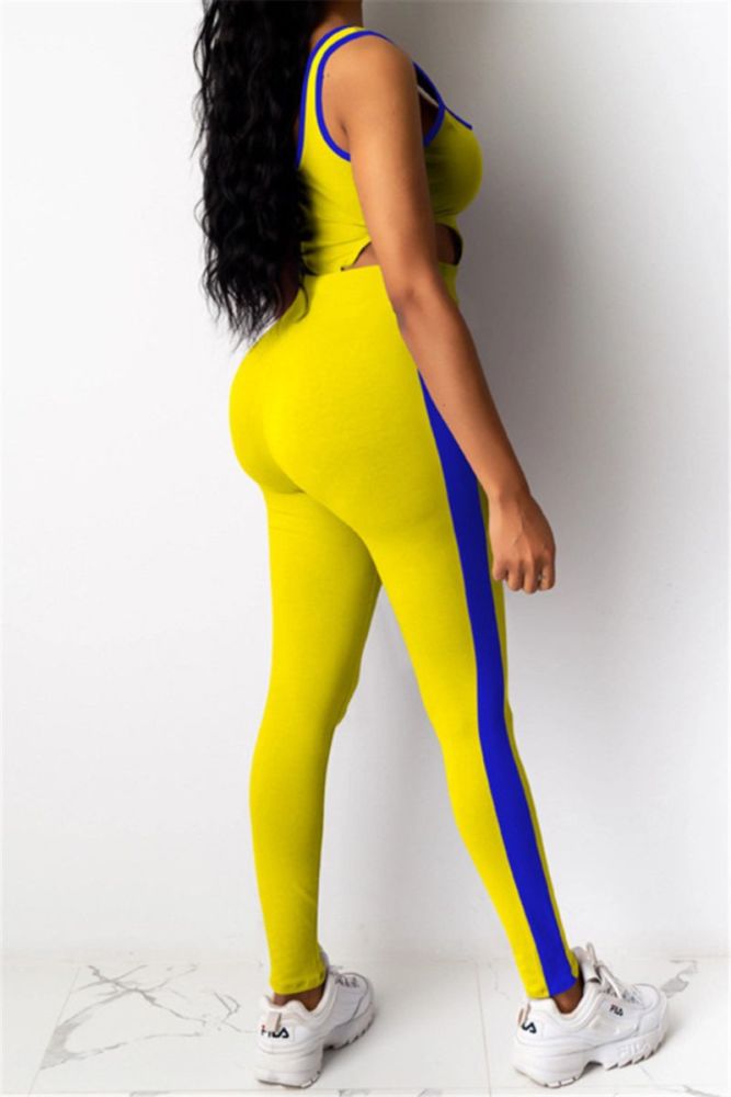 Yellow Stretch Low-Cut Bodysuit Lace-Up Two-Piece Set Size: S