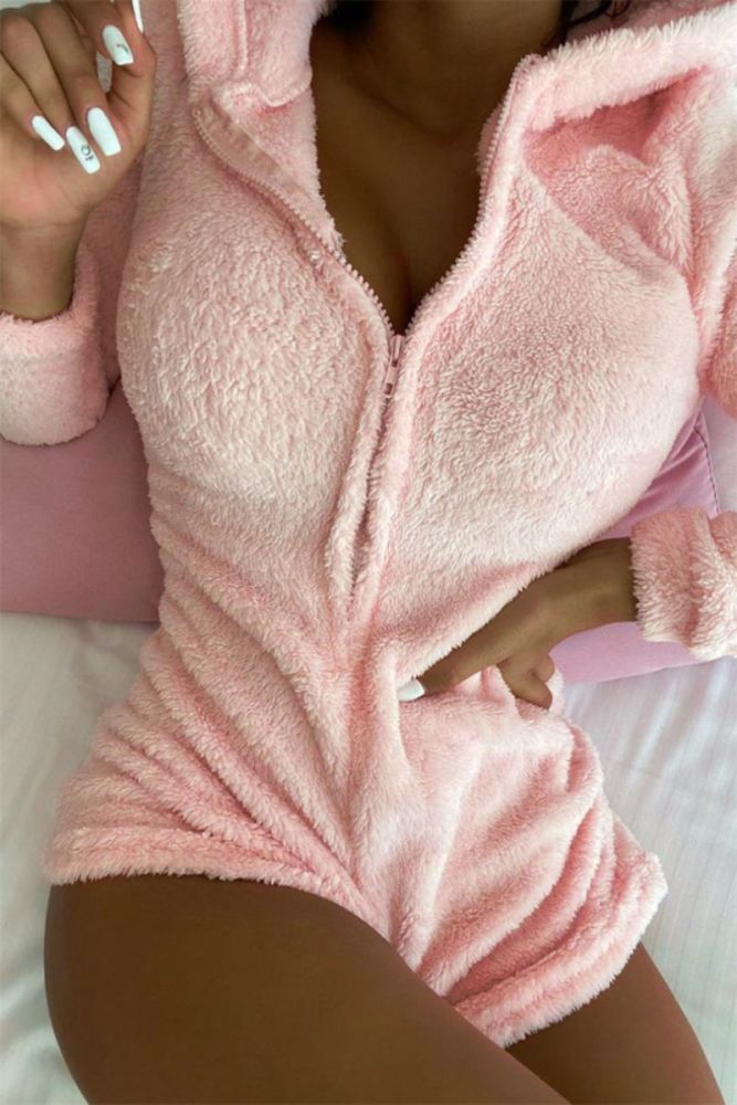 Pink Stretch Hooded Zip-Up Bodysuit Size: XL