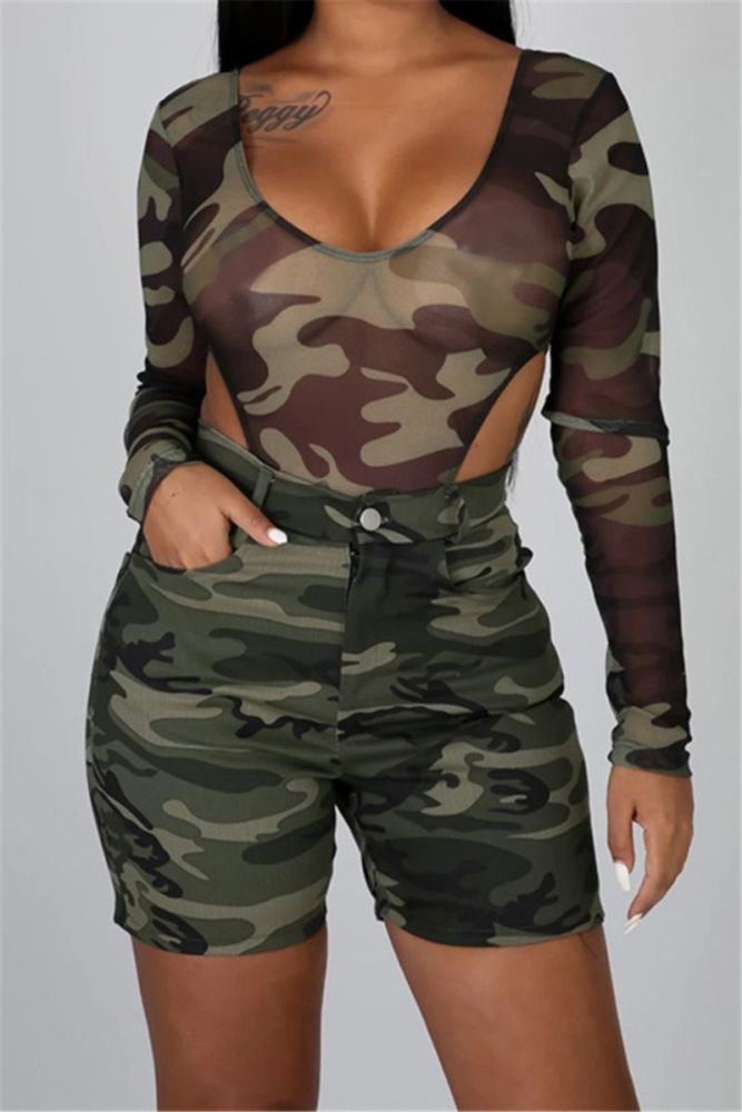 (CLEARANCE) Camo Print Stretch See Through Mesh Two-Piece Set Size: L