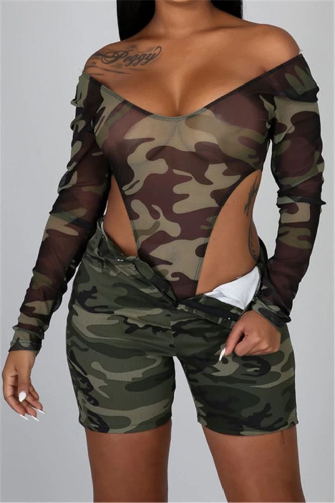 (CLEARANCE) Camo Print Stretch See Through Mesh Two-Piece Set Size: L