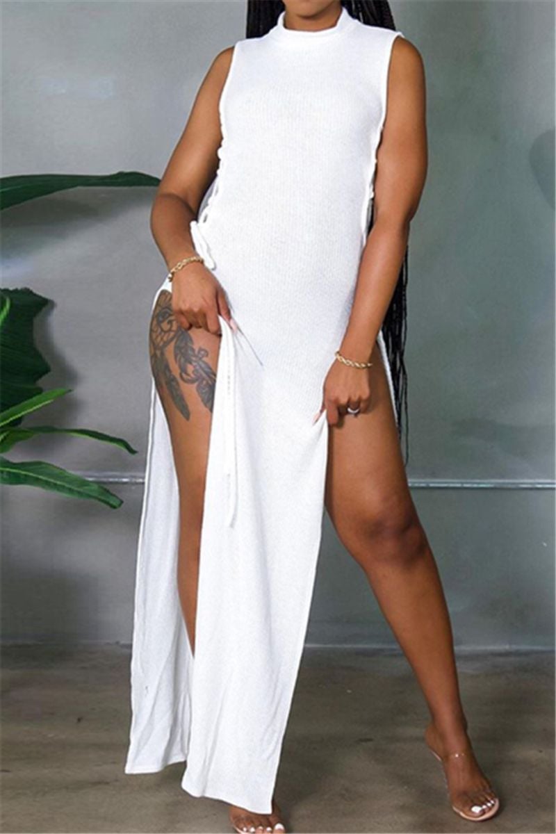 White Lace-Up High Slit Maxi Dress Size: L