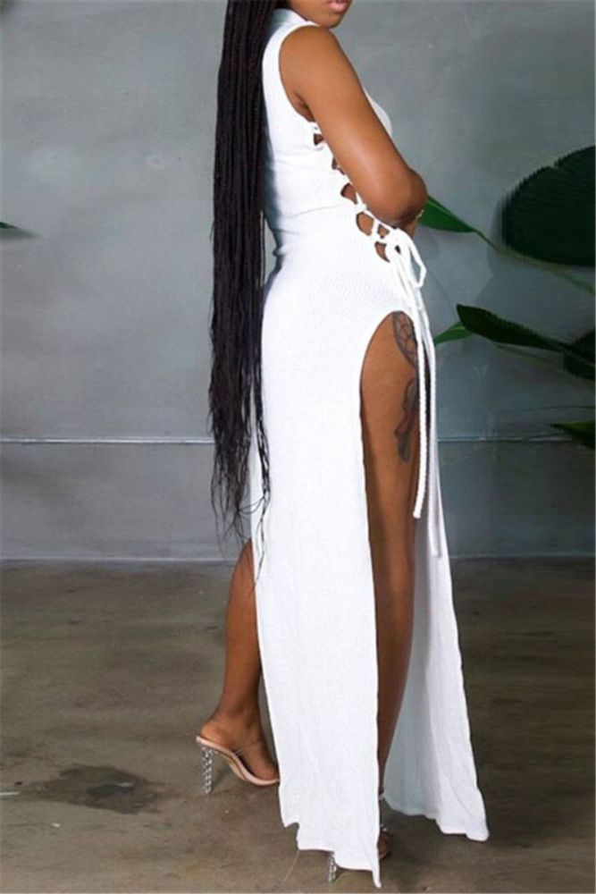 White Lace-Up High Slit Maxi Dress Size: L