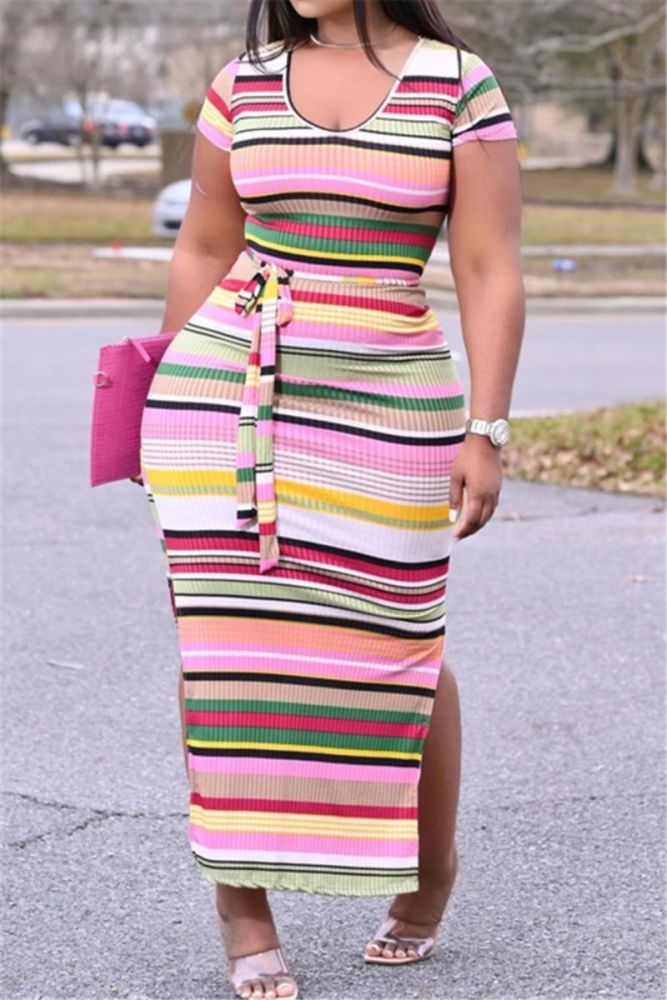 Multicolor Printed Belted Split Maxi Dress Size: L
