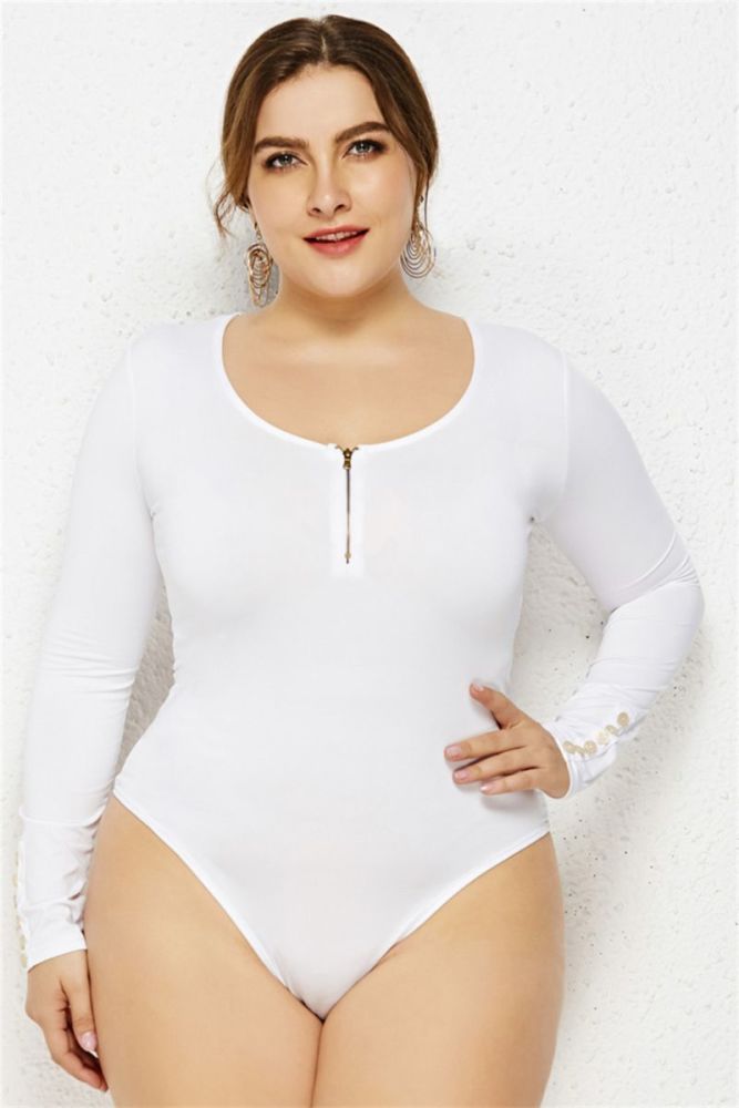 White Zip-Up Front Stretch Fit Bodysuit Size: 3XL