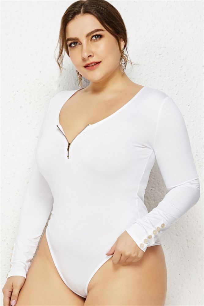White Zip-Up Front Stretch Fit Bodysuit Size: 3XL