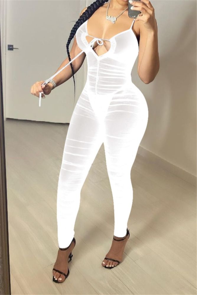 Size: 1XL White Lace-Up Low Cut Mesh See Through Jumpsuit SKU: WLULCMSE-J1XL