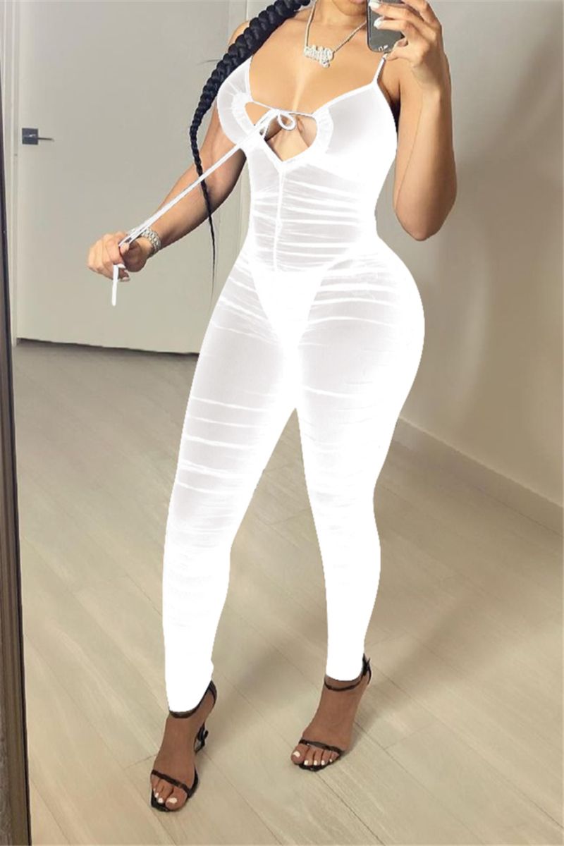 White Lace-Up Low Cut Mesh See Through Jumpsuit Size: 1XL