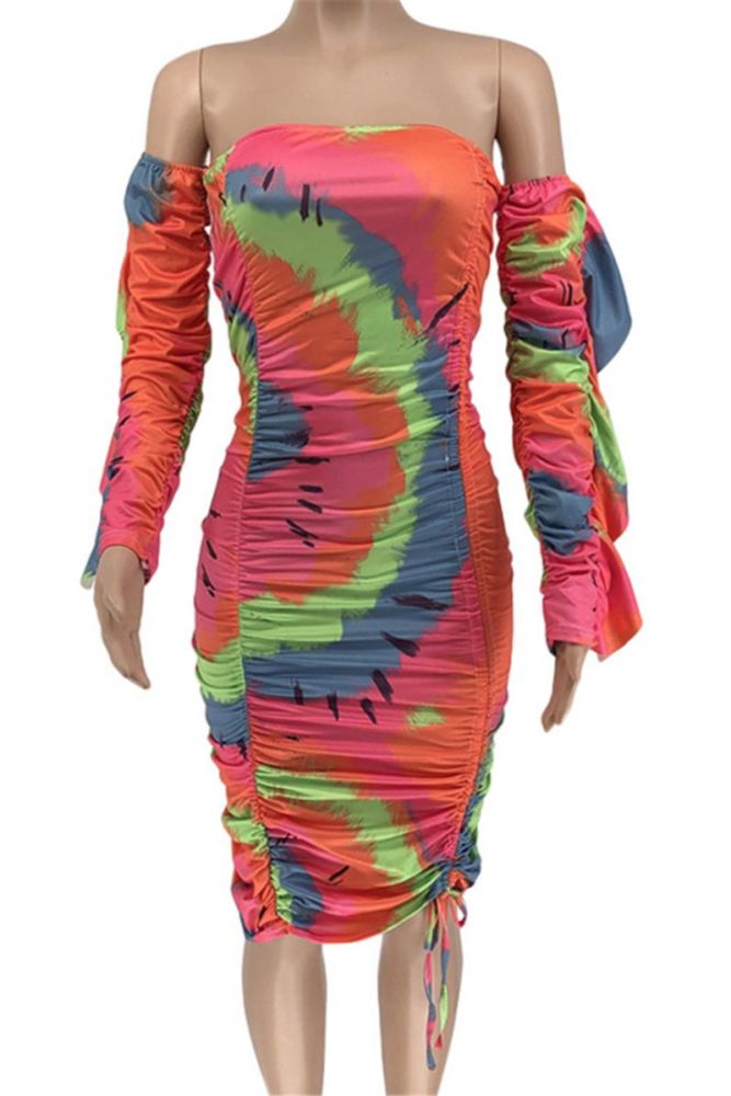 New Markdown Long Sleeve Multicolor Printed Off Shoulder Drawstring Dress Size: L