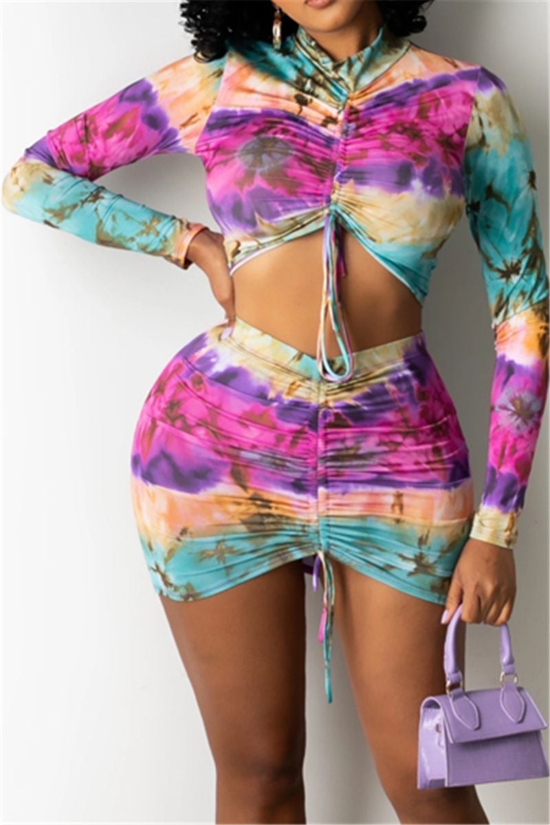 Printed Lace-Up Long Sleeve Two-Piece Set Size: M