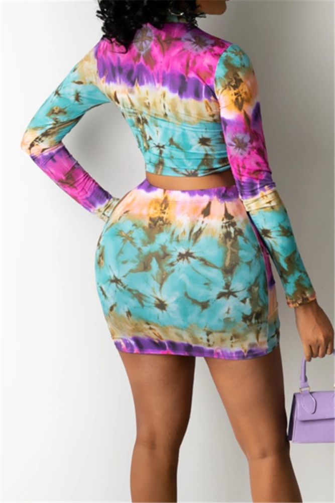 Printed Lace-Up Long Sleeve Two-Piece Set Size: M