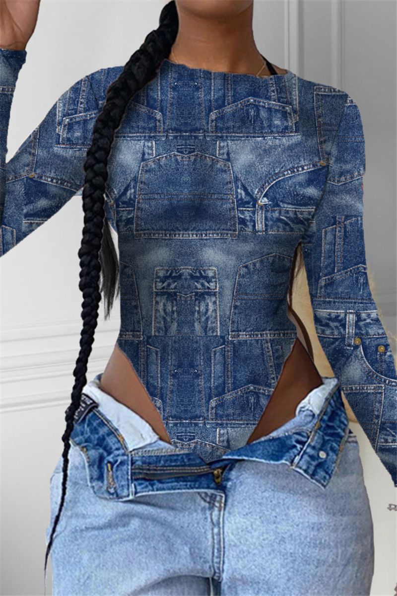 Zip-Up Denim Printed Stretch Bodysuit Size: L