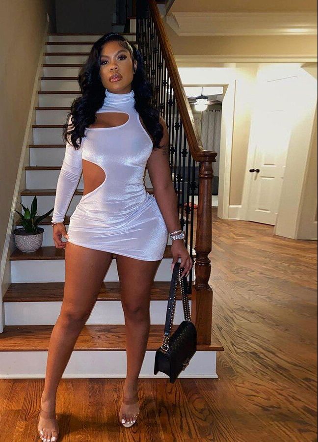 B0228 - White Turtleneck Velvet Mini Dress One Shoulder Dress Size: M