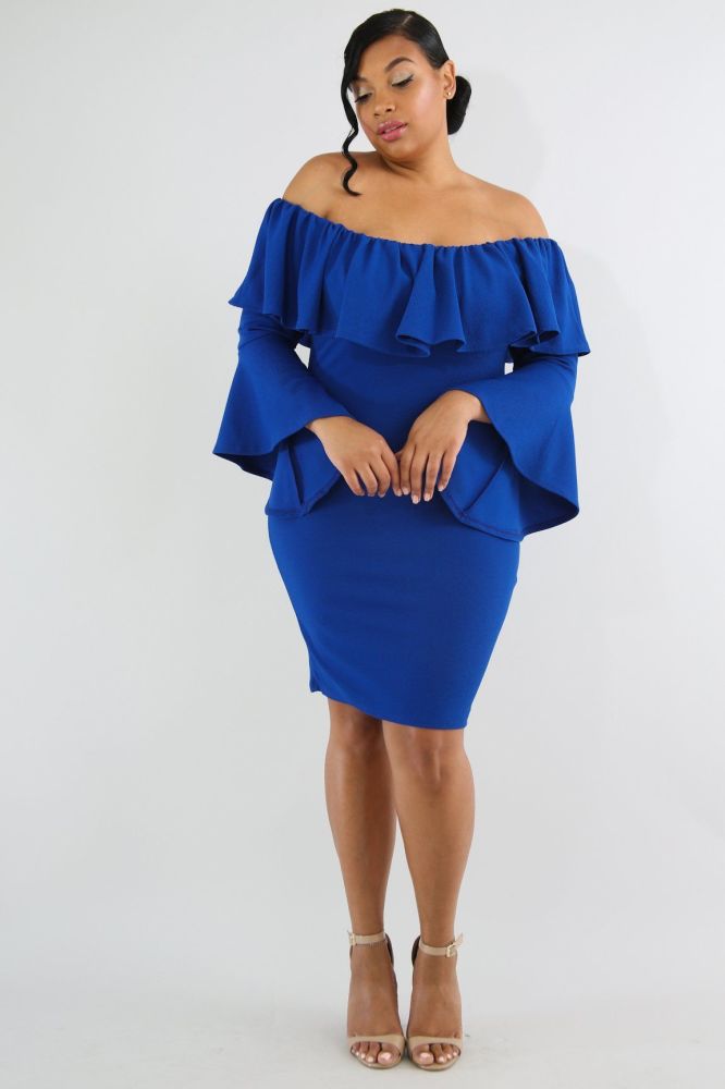 F029 Royal Blue Trumpet Flare Sleeve Body-Con Dress Size: 2XL