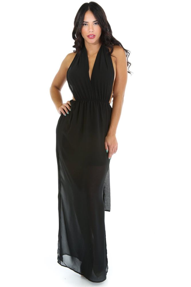 Black Long Self-Tie, Elastic Waistline Long Dress Size: L SKU: C0S6752