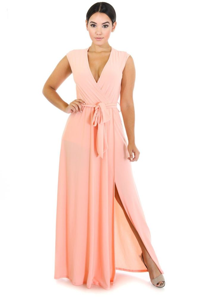 Peach Stretch Wrap Deep V-Neckline Maxi Dress Size: S