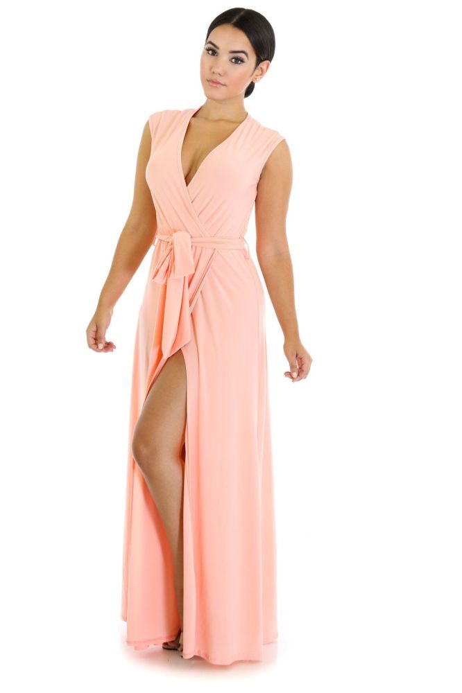 Peach Stretch Wrap Deep V-Neckline Maxi Dress Size: S