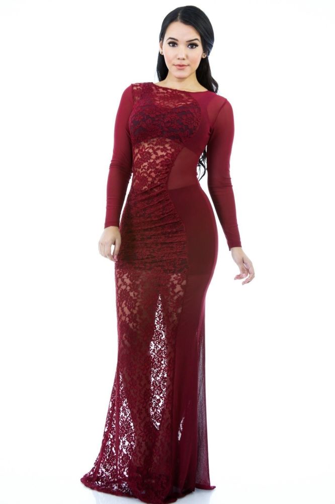 Burgundy Sheer Mermaid Long Dress Size: M