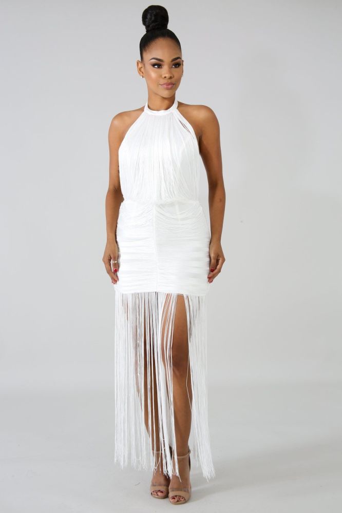 White Fringe Details Halter Neckline Dress Size: M