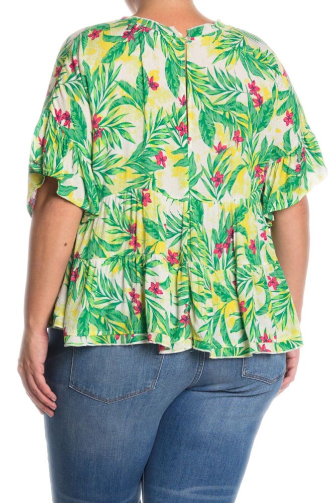 Tropical Floral Printed Flutter Sleeve Babydoll Top Size: 1XL