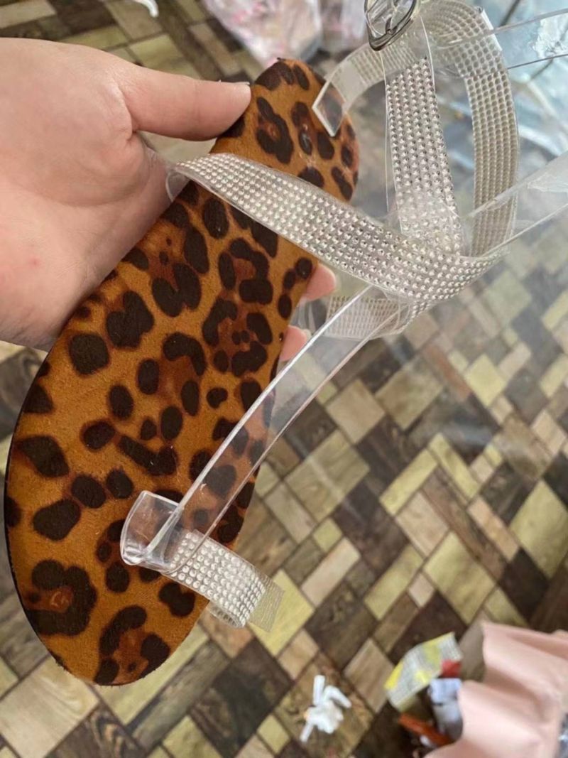 New Markdown Price Leopard Print Peep Toe Rhinestones Decorated Flat Sandals Size: 8.5