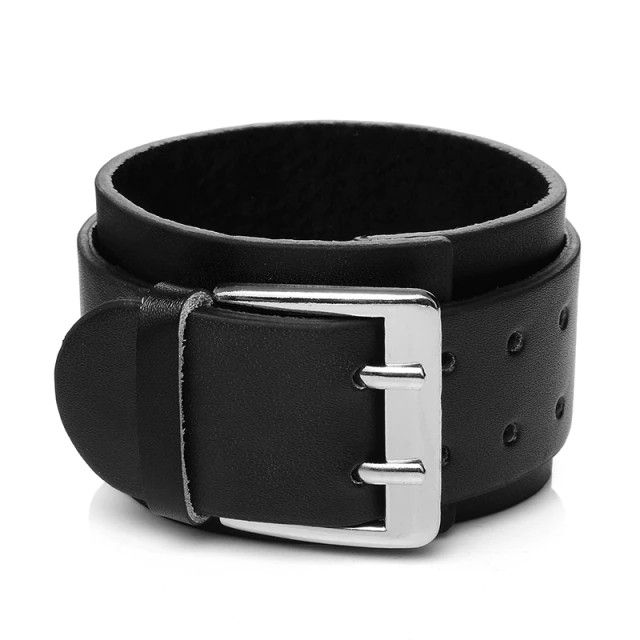 Black Punk Wide Cuff  Genuine Leather Wristband Bracelet 