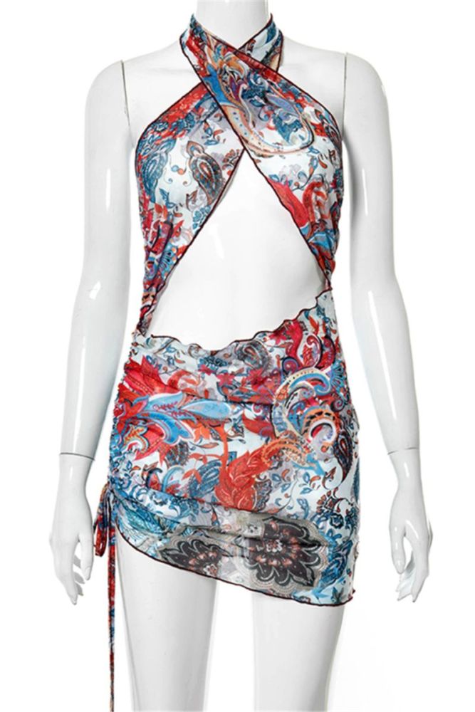 Stretch Printed Halter-Neck Mini Dress Size: M