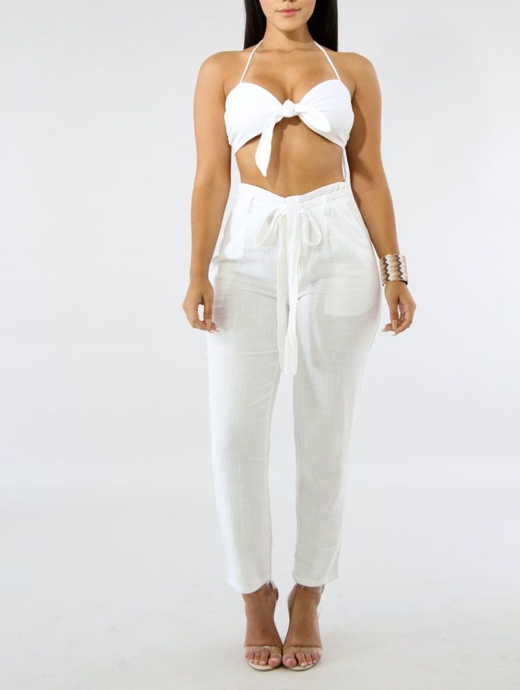 White Crop Bow Front Pant Set Size: M/L