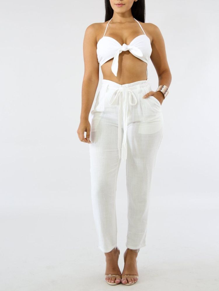 White Crop Bow Front Pant Set Size: M/L