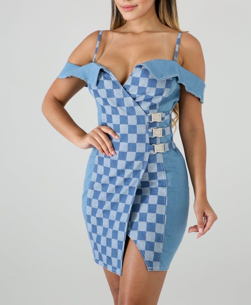 Denim  Body-Con Checkered Print Dress Size: S