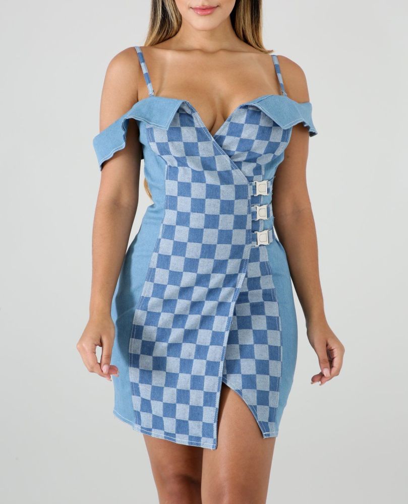 Denim  Body-Con Checkered Print Dress Size: S