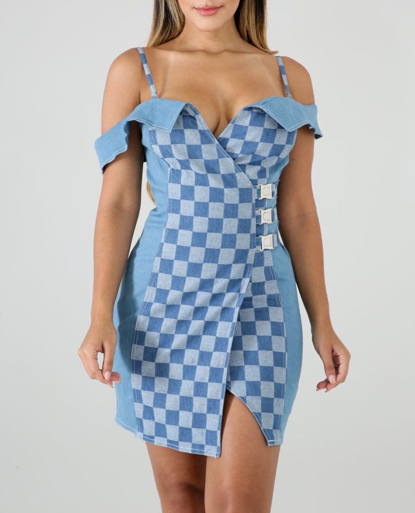 Denim Body-Con Checkered Print Dress Size: S SKU: A02321