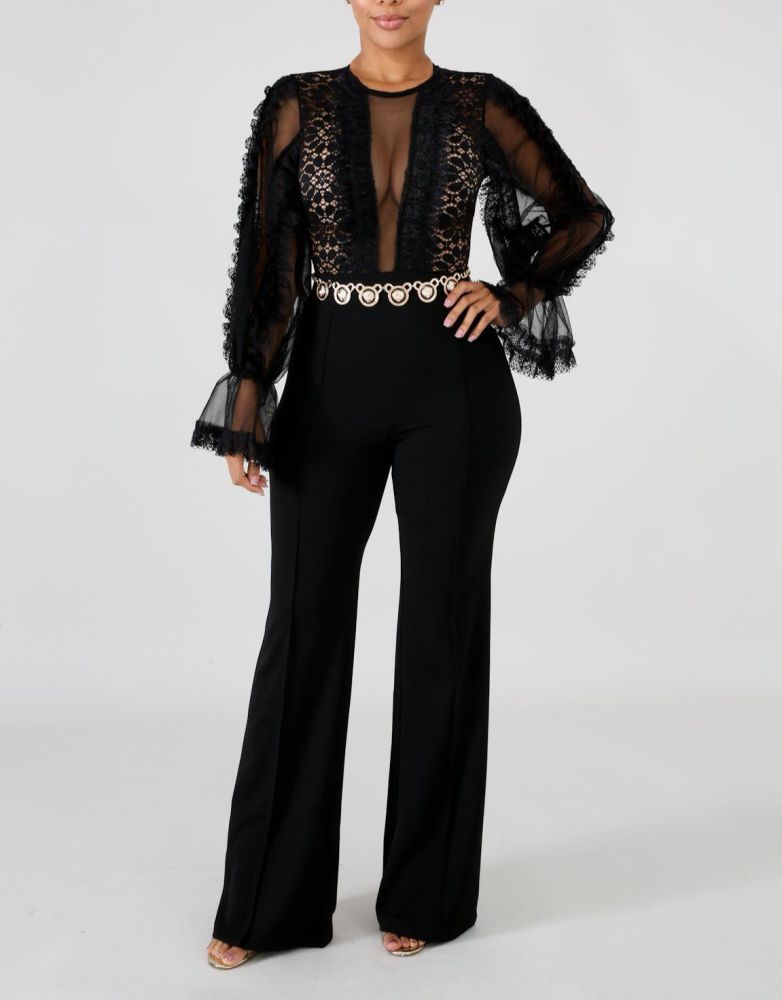 Black Long Sleeve Lace Trim Jumpsuit Size: S