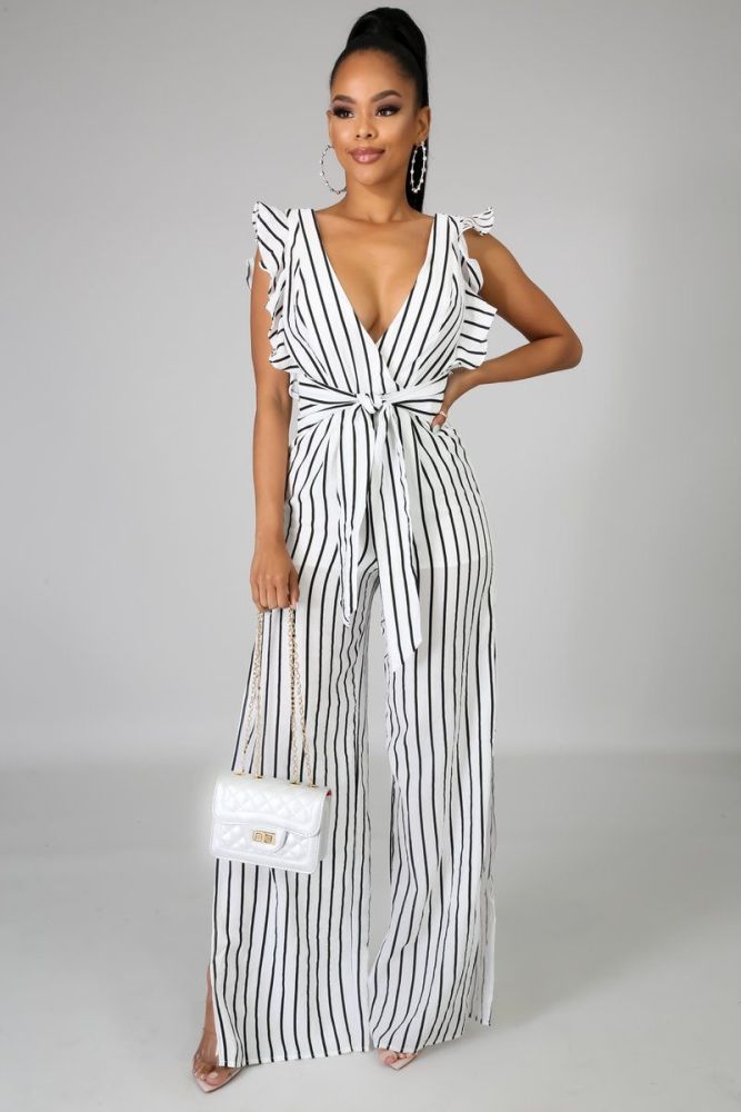 Pin Strip Flutter Sleeves Jumpsuit Size: S