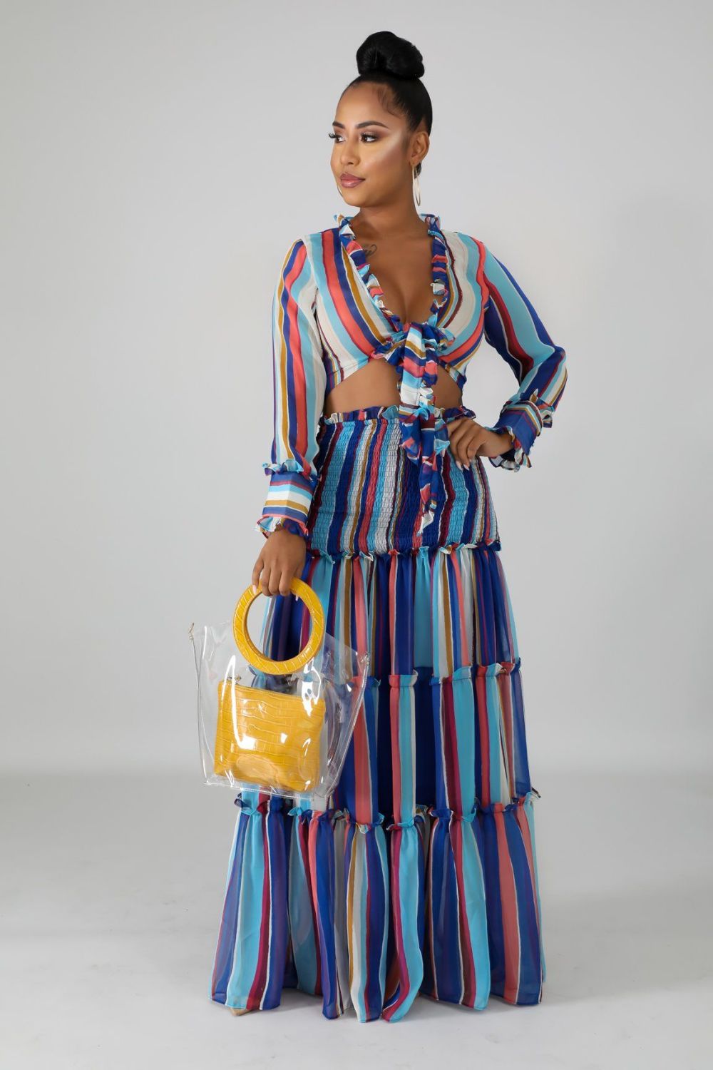 Multi Print Long Sleeve Sheer Maxi Skirt Set Size: S