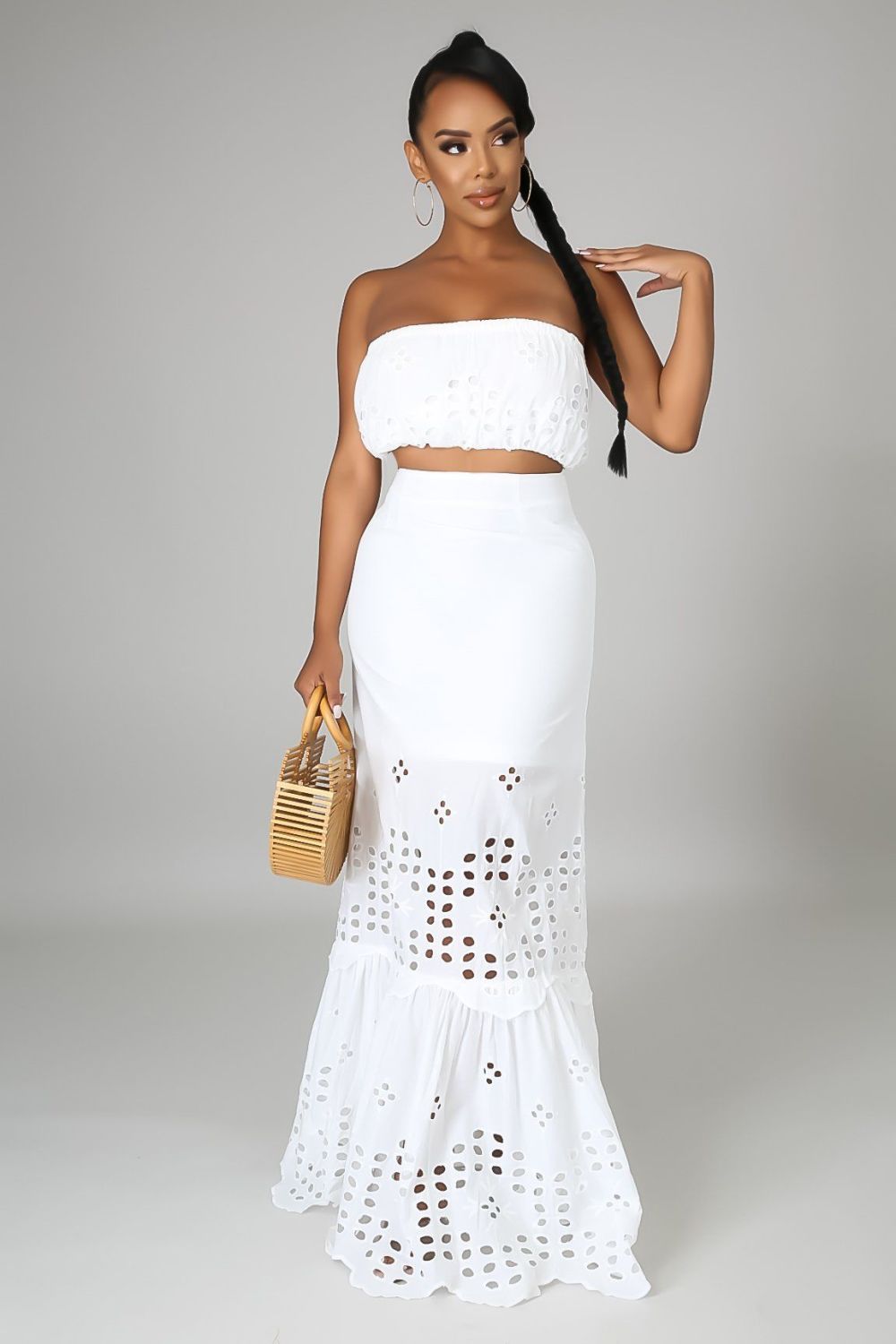 White Tube Top Embroidered Skirt Set Size: S