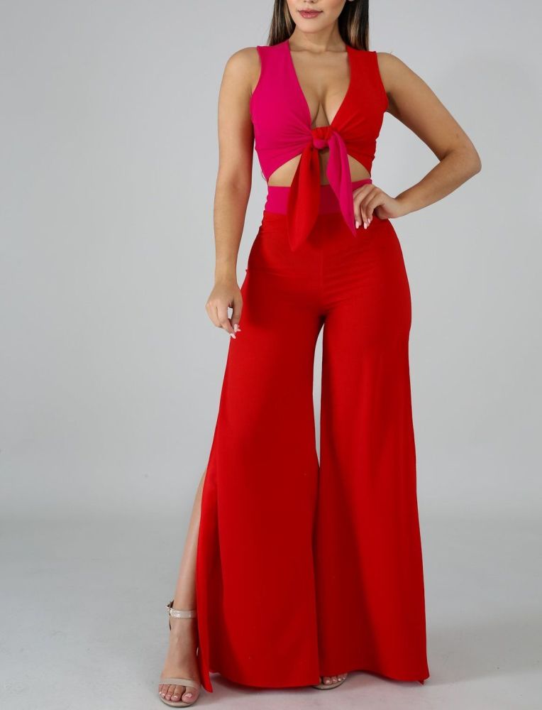 Red High Waist Side Slit Crop Top Pants Set Size: M