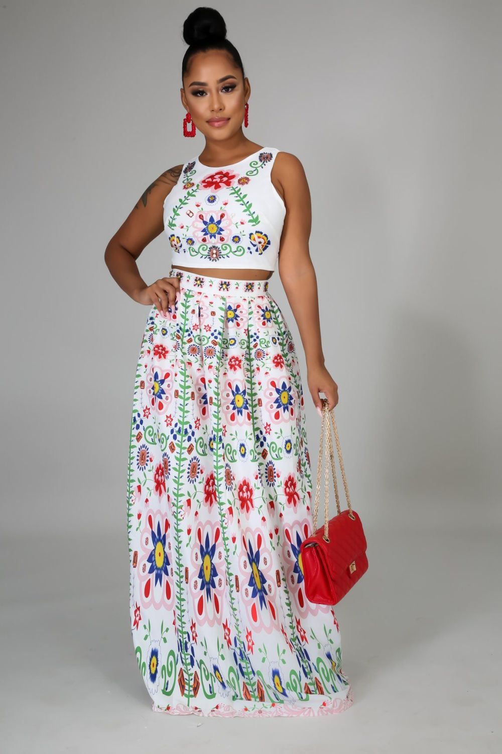White Printed Pearl Jewel Skirt Set Size: S