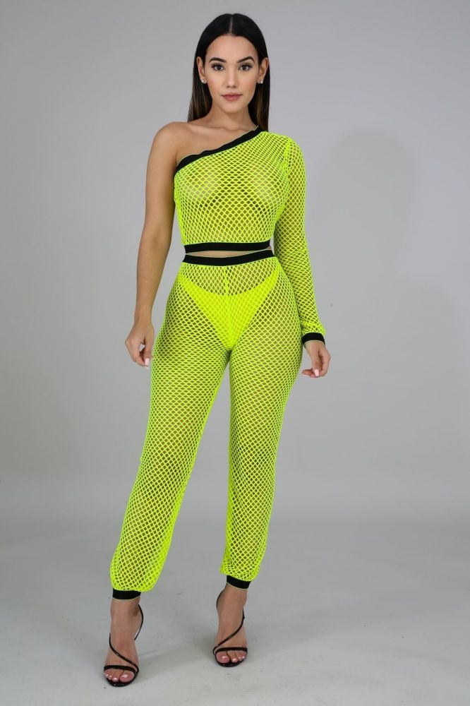 Neon Yellow Fish Net Jogger Set Size: L