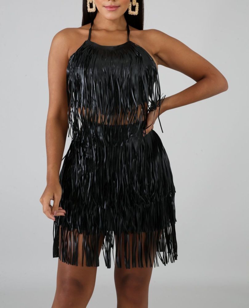 Black Fringe Open Back High Waist Skirt Set Size: M