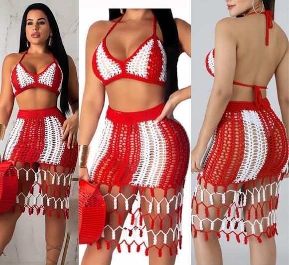 red fringe skirt set