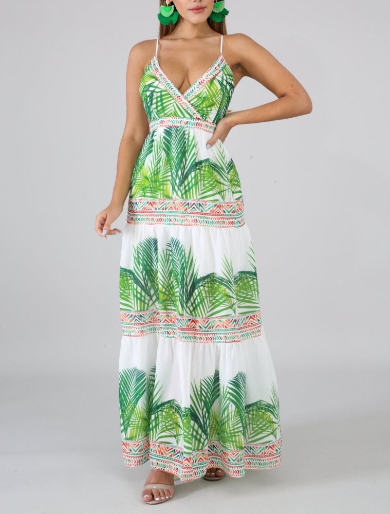 Greed Palms Print Maxi Dress Size: M