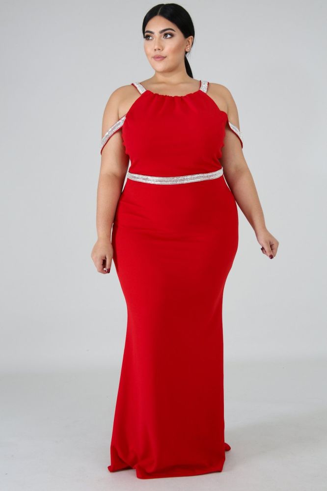 Red Rhinestone Maxi Dress Size: 2XL