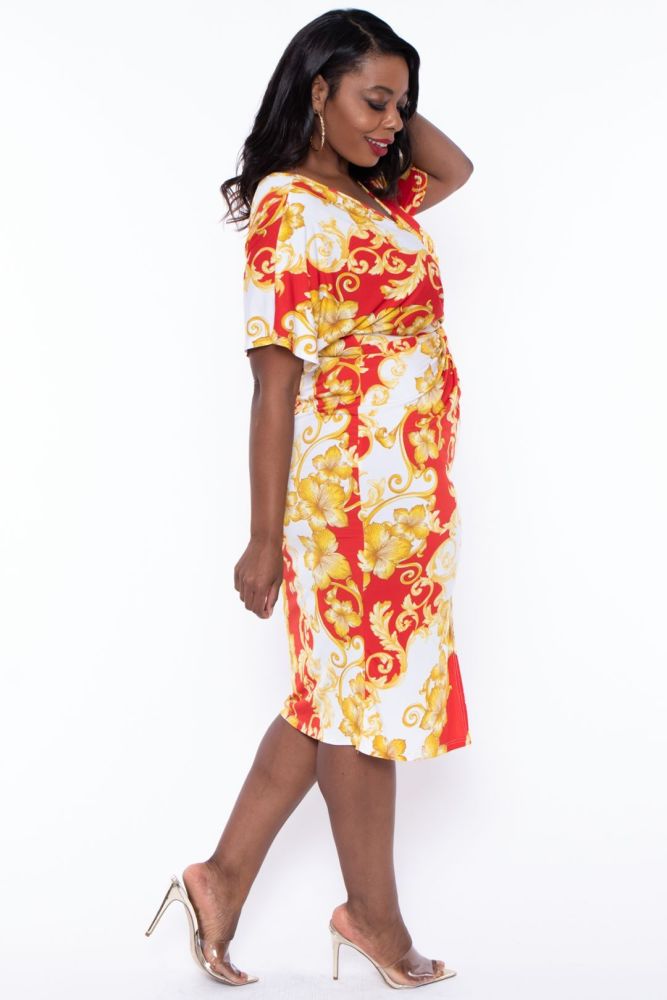 Multi Flower Print Twist Front Dress Size: 1XL