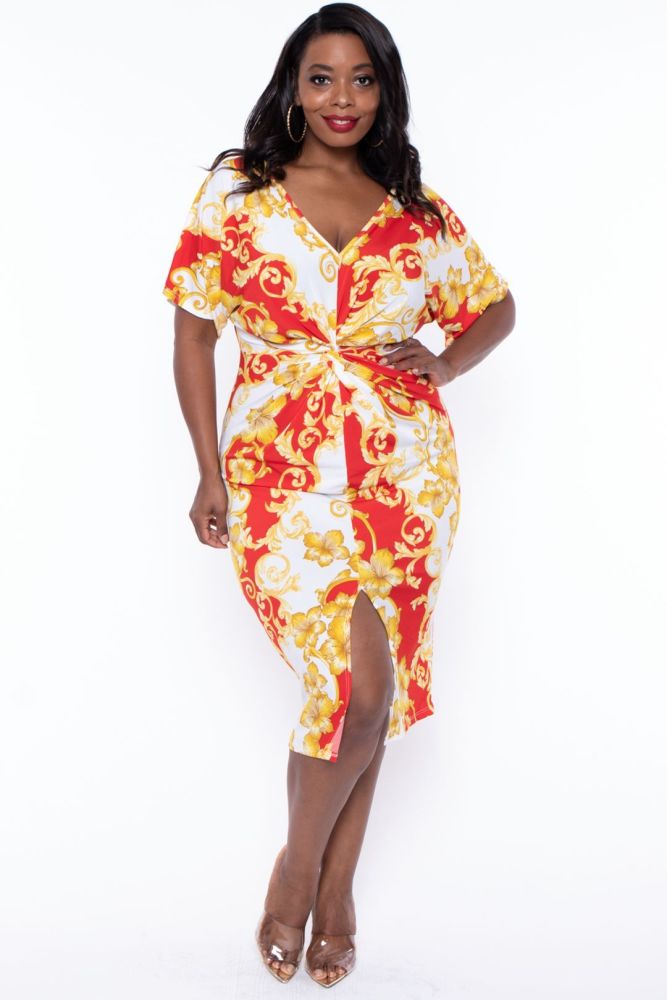 Multi Flower Print Twist Front Dress Size: 1XL