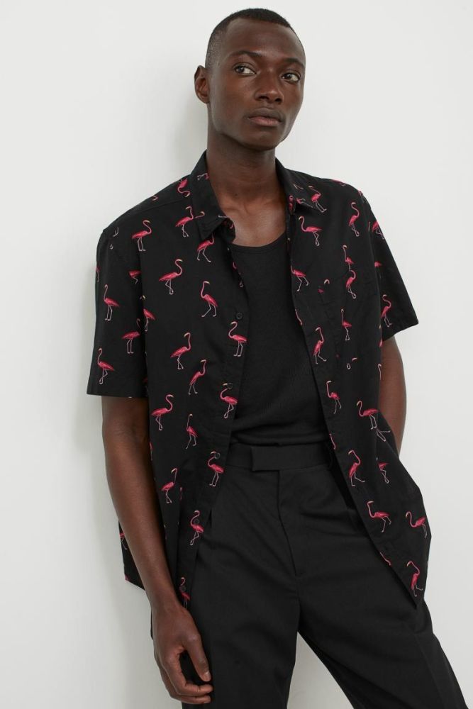 Black/Flamingoes Regular Fit Cotton Shirt Size: XL