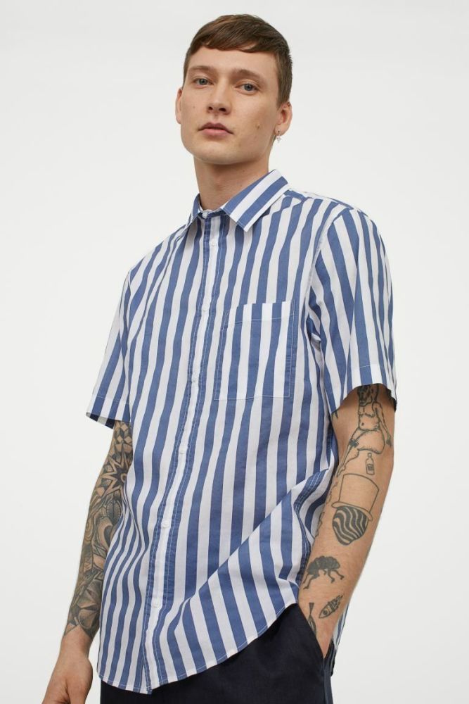 Regular Fit Cotton Shirt Blue/white striped Size: 2XL